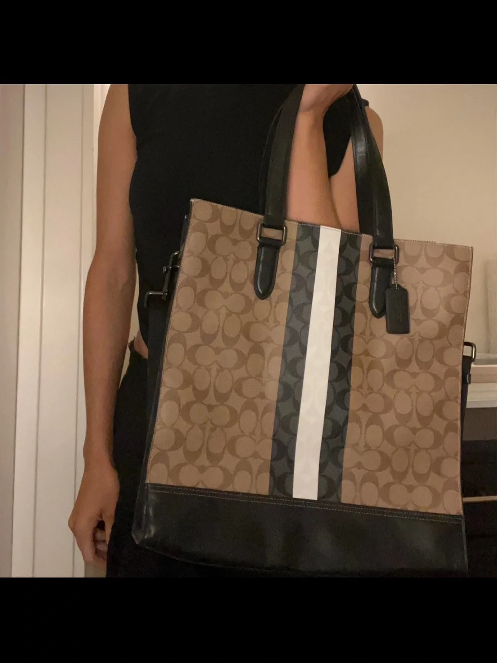Coach Brown Signature Stripe Tote with Black Trim